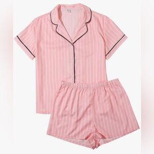 Floerns Women's Notch Collar Print Sleepwear Two Piece Pajama Set Pink Stripe